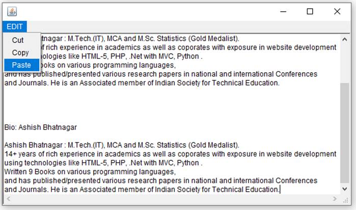 Design A Frame That Has An Edit Menu With Cut Copy And Paste Functions In Java